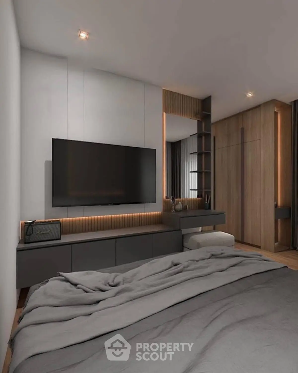 Modern bedroom with sleek design, featuring a wall-mounted TV and stylish storage solutions.
