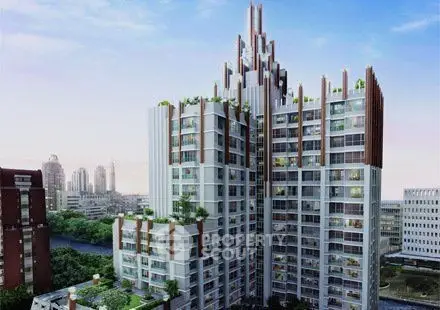 Stunning modern high-rise building with unique architectural design and lush rooftop gardens.