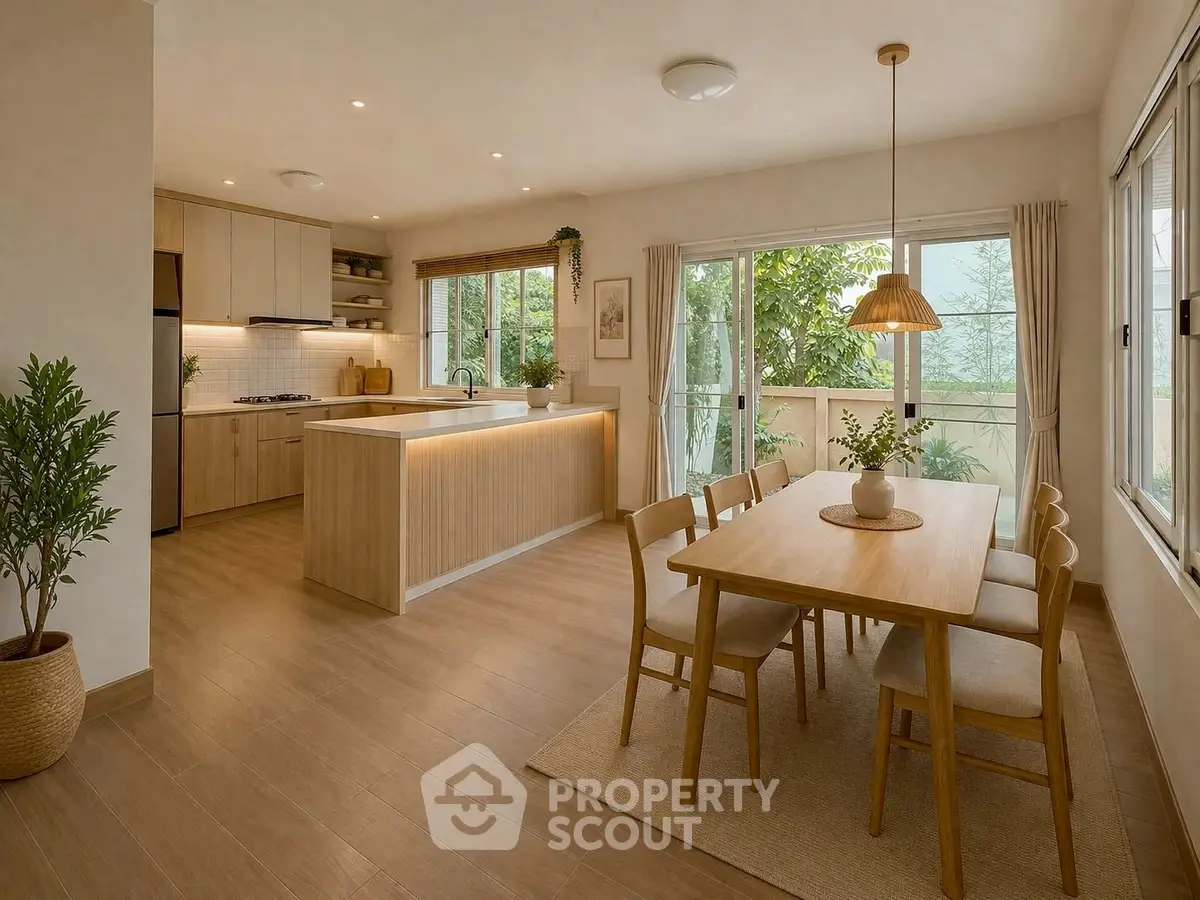 Modern open-layout kitchen and dining area with natural light and stylish decor.