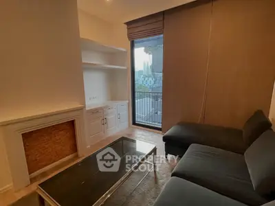 Cozy living room with modern sofa and large window offering city view