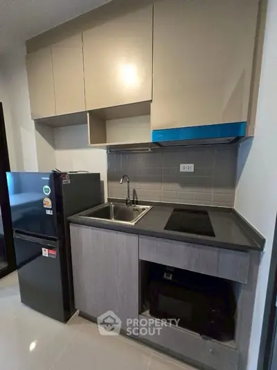 Modern compact kitchen with sleek cabinetry and appliances in a stylish apartment.