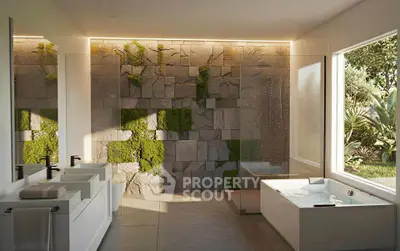 Luxurious modern bathroom with large window and elegant stone wall design.