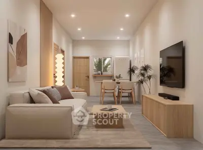 Modern living room with cozy sofa, stylish decor, and open dining area in elegant apartment.