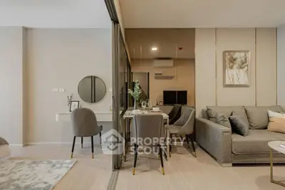 Modern living room with elegant decor and cozy seating area