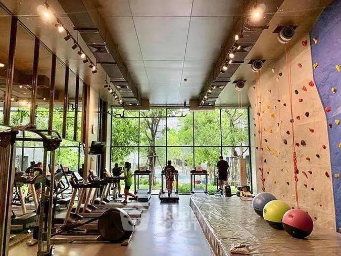 Luxurious gym with modern equipment and climbing wall in a bright, spacious setting.