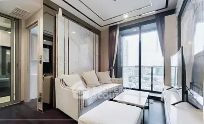 Luxurious modern living room with city view and elegant decor