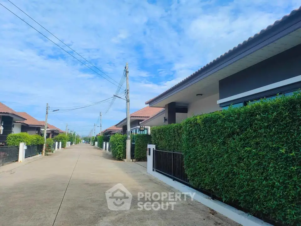 Charming suburban street with modern single-story homes and lush green hedges.
