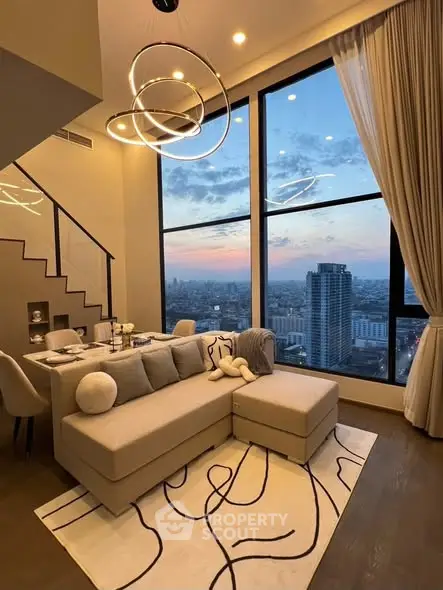 Luxurious living room with stunning city view and modern decor