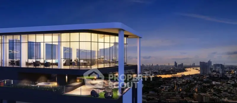 Luxurious penthouse with panoramic city views and modern design at twilight.