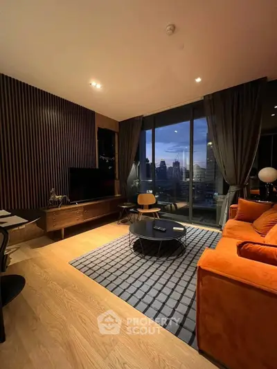 Modern living room with city view, featuring stylish furniture and floor-to-ceiling windows.