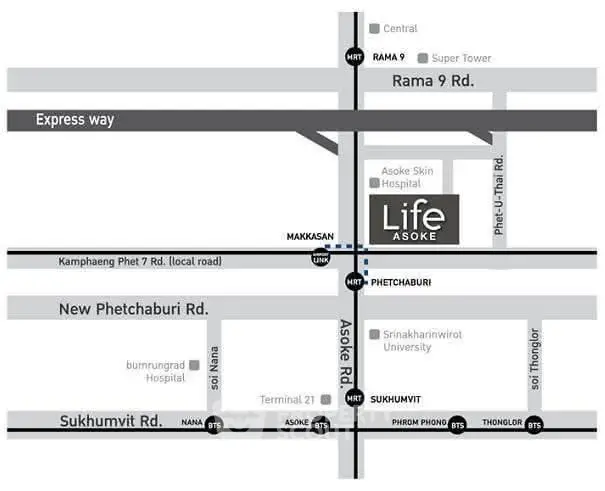 Map showing location of Life Asoke near major roads and public transport in Bangkok.