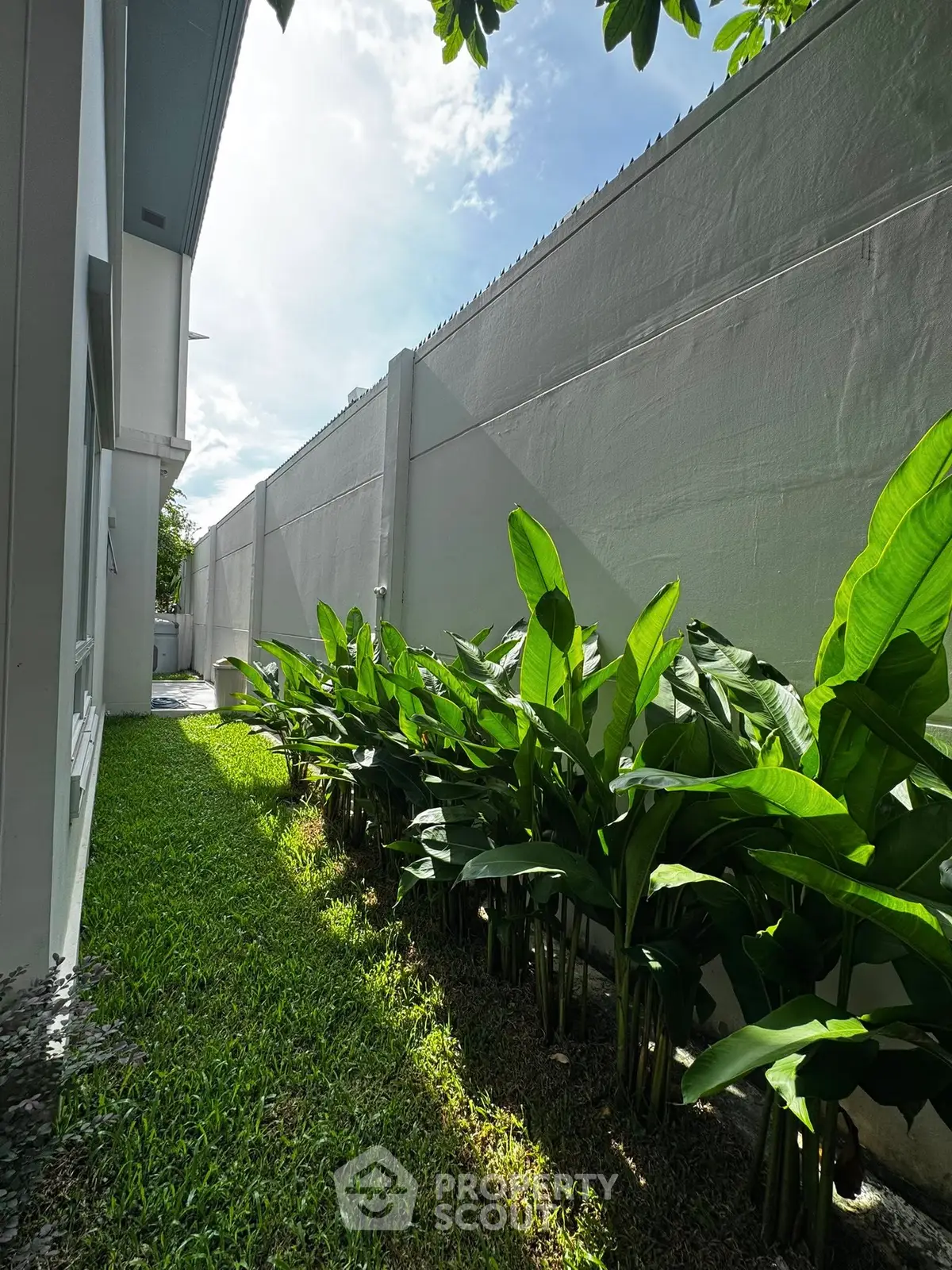 Charming garden area with lush greenery beside a modern building, perfect for relaxation and outdoor enjoyment.