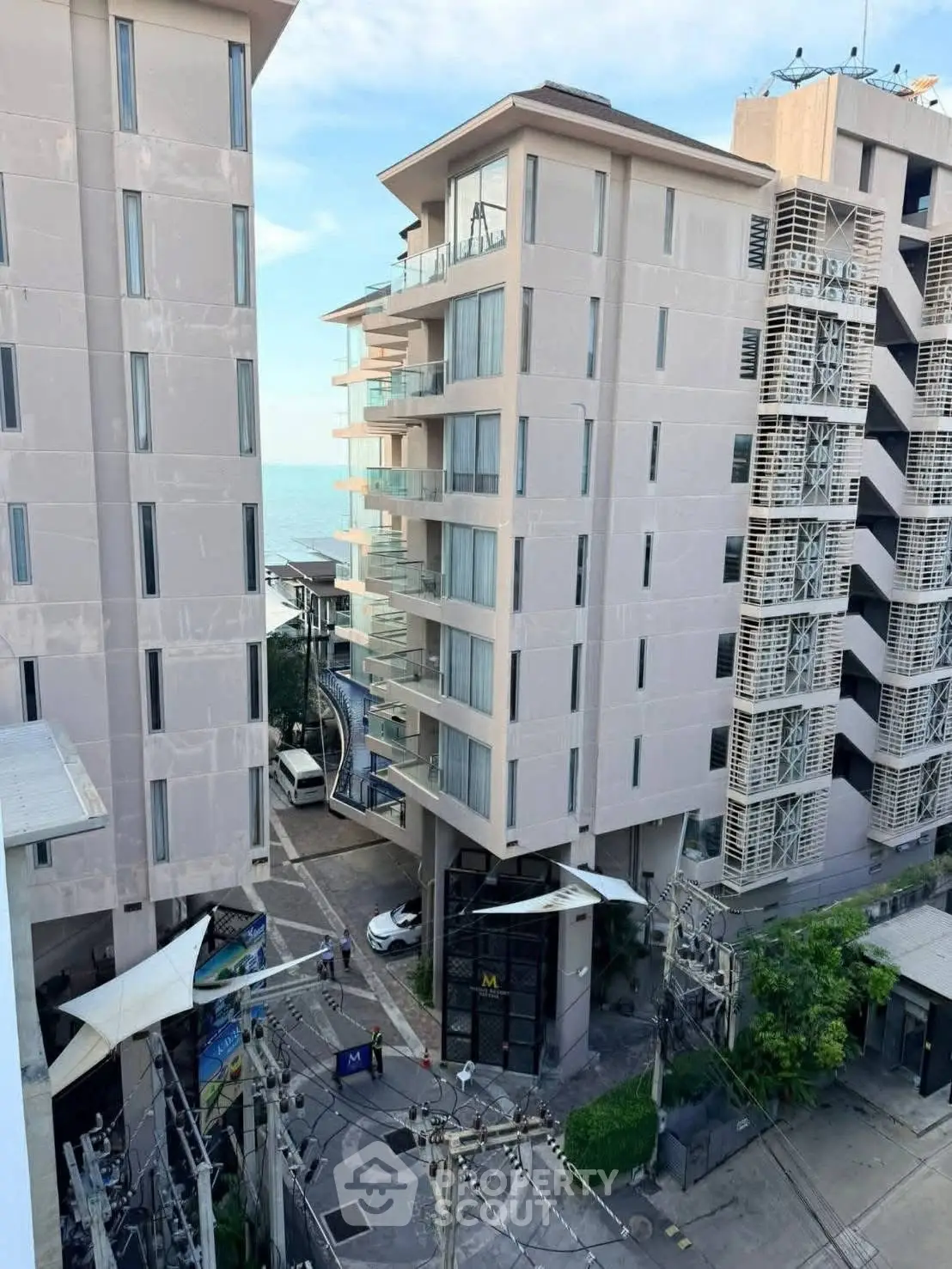 Modern high-rise buildings with ocean view and spacious balconies