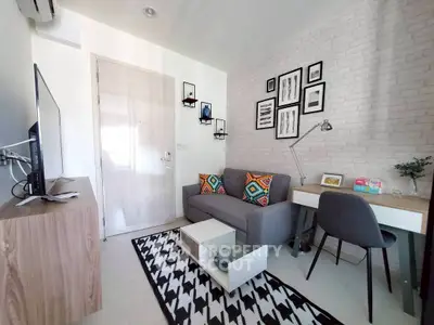 Modern living room with stylish decor and cozy seating area