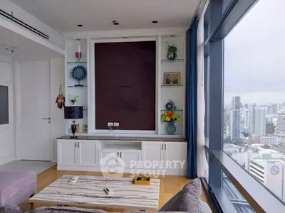 Modern living room with panoramic city view and stylish decor