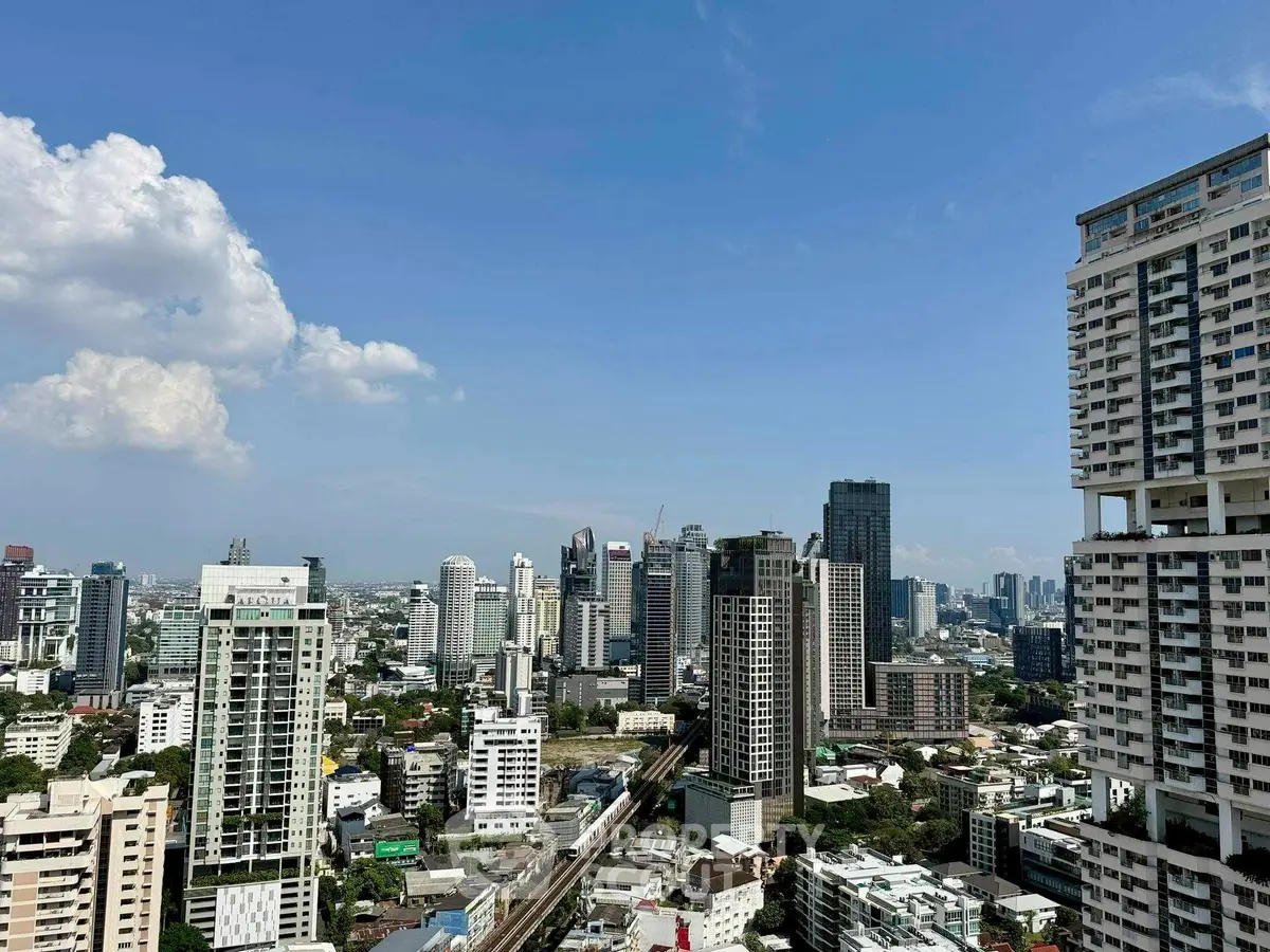 Stunning cityscape view showcasing modern high-rise buildings under a clear blue sky.