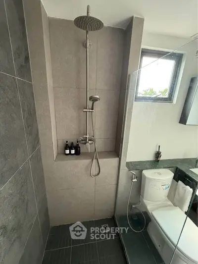 Modern bathroom with sleek shower design and natural light window.