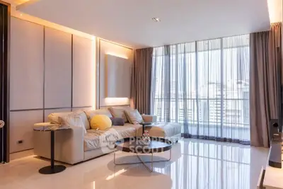 Luxurious modern living room with city view and elegant furnishings