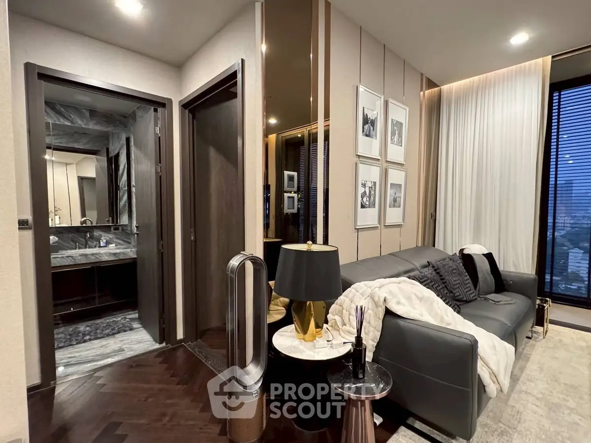 Luxurious modern living room with elegant decor and city view