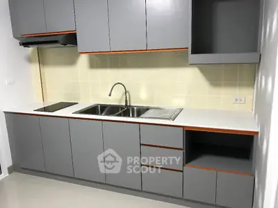 Modern kitchen with sleek gray cabinets and stainless steel sink