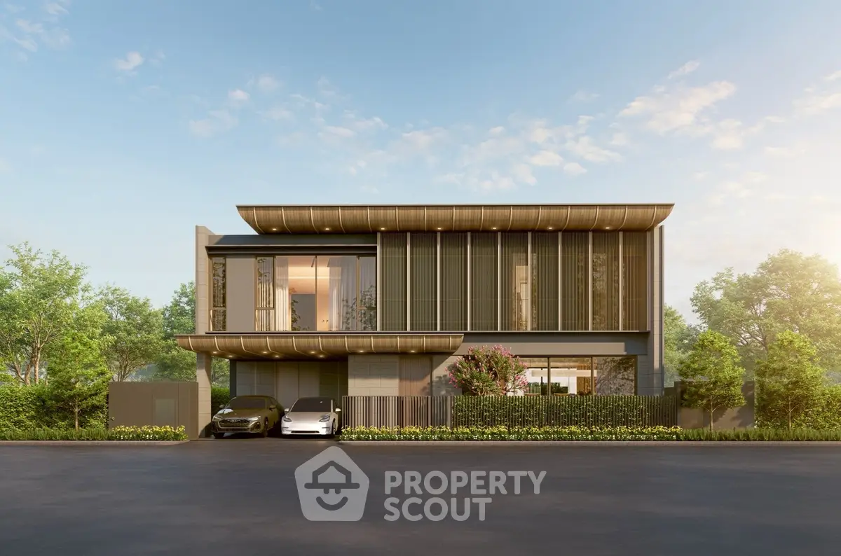 Luxurious modern two-story house with sleek design and spacious driveway in a serene neighborhood.