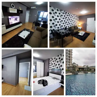 Modern apartment interior with stylish living room and pool view, featuring contemporary decor and open layout.