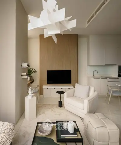Modern living room with stylish furniture and open kitchen layout
