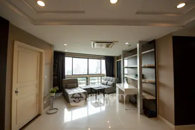 Spacious living room with modern decor and city view