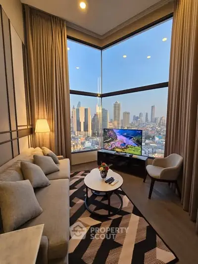 Luxurious living room with stunning city view, modern decor, and cozy ambiance in high-rise apartment.