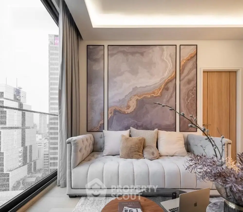 Luxurious modern living room with stunning city view and elegant decor