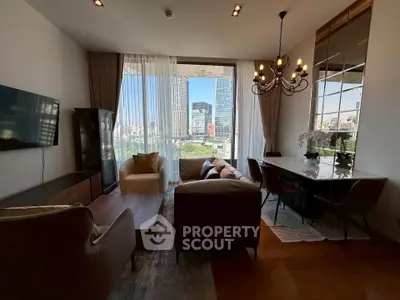 Luxurious living room with stunning city view and elegant chandelier