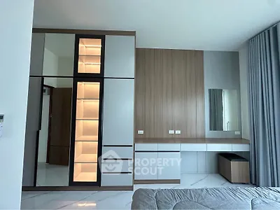 Modern bedroom with sleek wardrobe and stylish vanity area