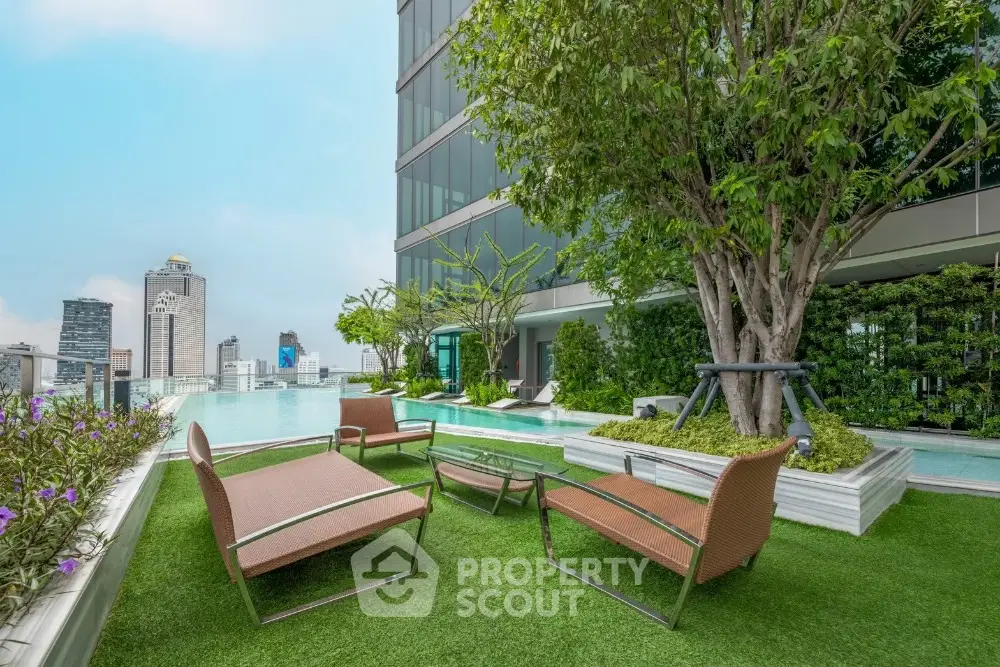 Luxurious rooftop pool with city view and lush greenery in modern high-rise building