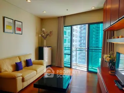 Modern living room with balcony view in high-rise apartment