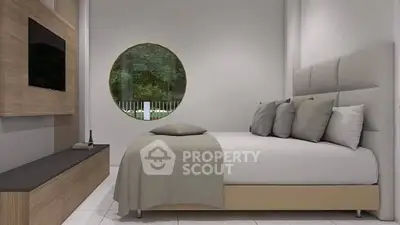 Modern bedroom with stylish decor and round window offering serene views.