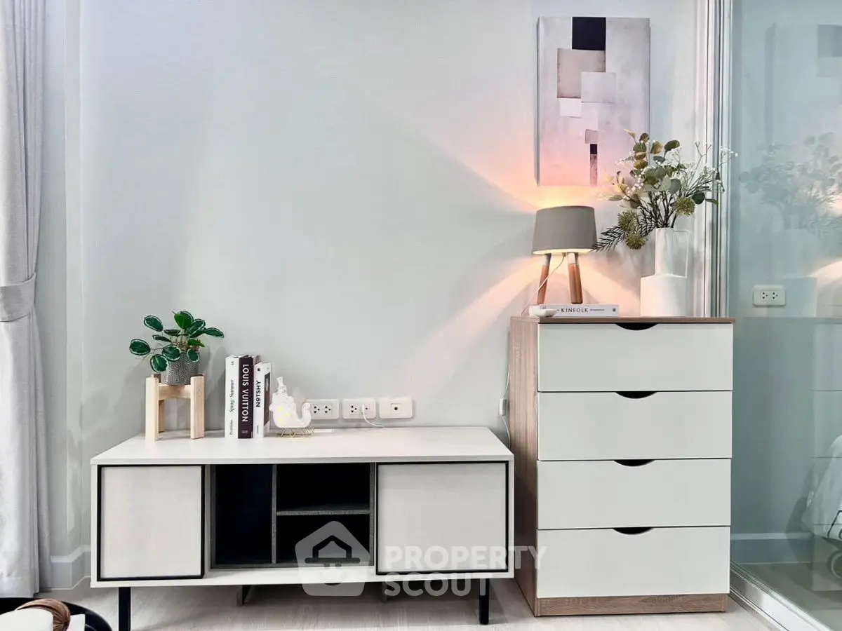 Modern interior with stylish furniture and decorative elements in a cozy living space.