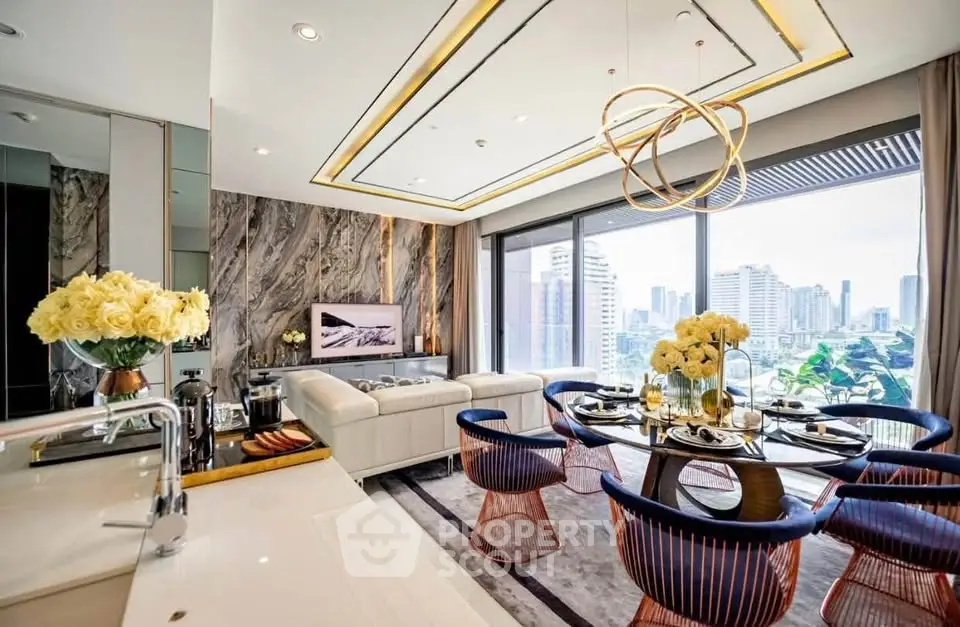 Luxurious modern living room with city view, elegant decor, and stylish dining area.