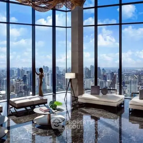 Luxurious high-rise living room with panoramic city views and modern decor.