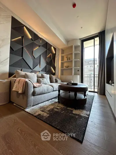 Luxurious living room with modern design and balcony view in upscale apartment.