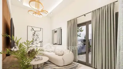 Modern living room with elegant decor and large windows leading to a balcony.