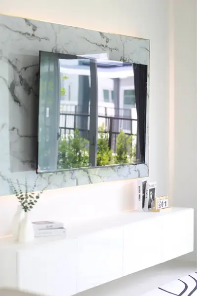 Modern living room with sleek TV setup and elegant decor