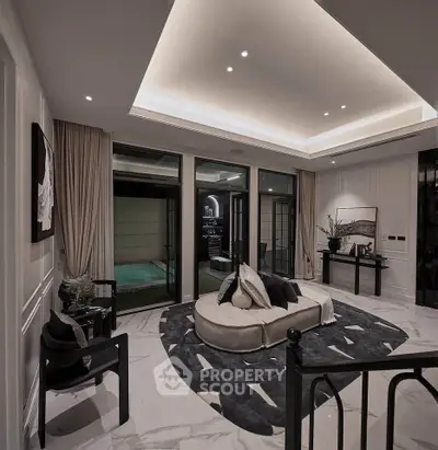 Luxurious living room with modern decor and pool view, featuring elegant lighting and stylish furniture.