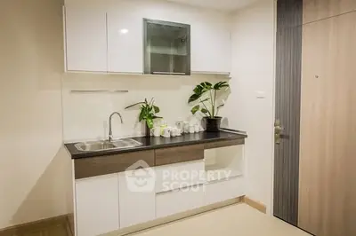 Modern kitchen with sleek cabinetry and indoor plants, perfect for contemporary living.