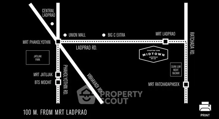 Map showing location of Chapter One Midtown Ladprao near MRT Ladprao and Union Mall.