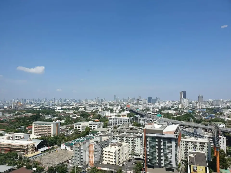Stunning cityscape view showcasing modern urban skyline and residential buildings under a clear blue sky.