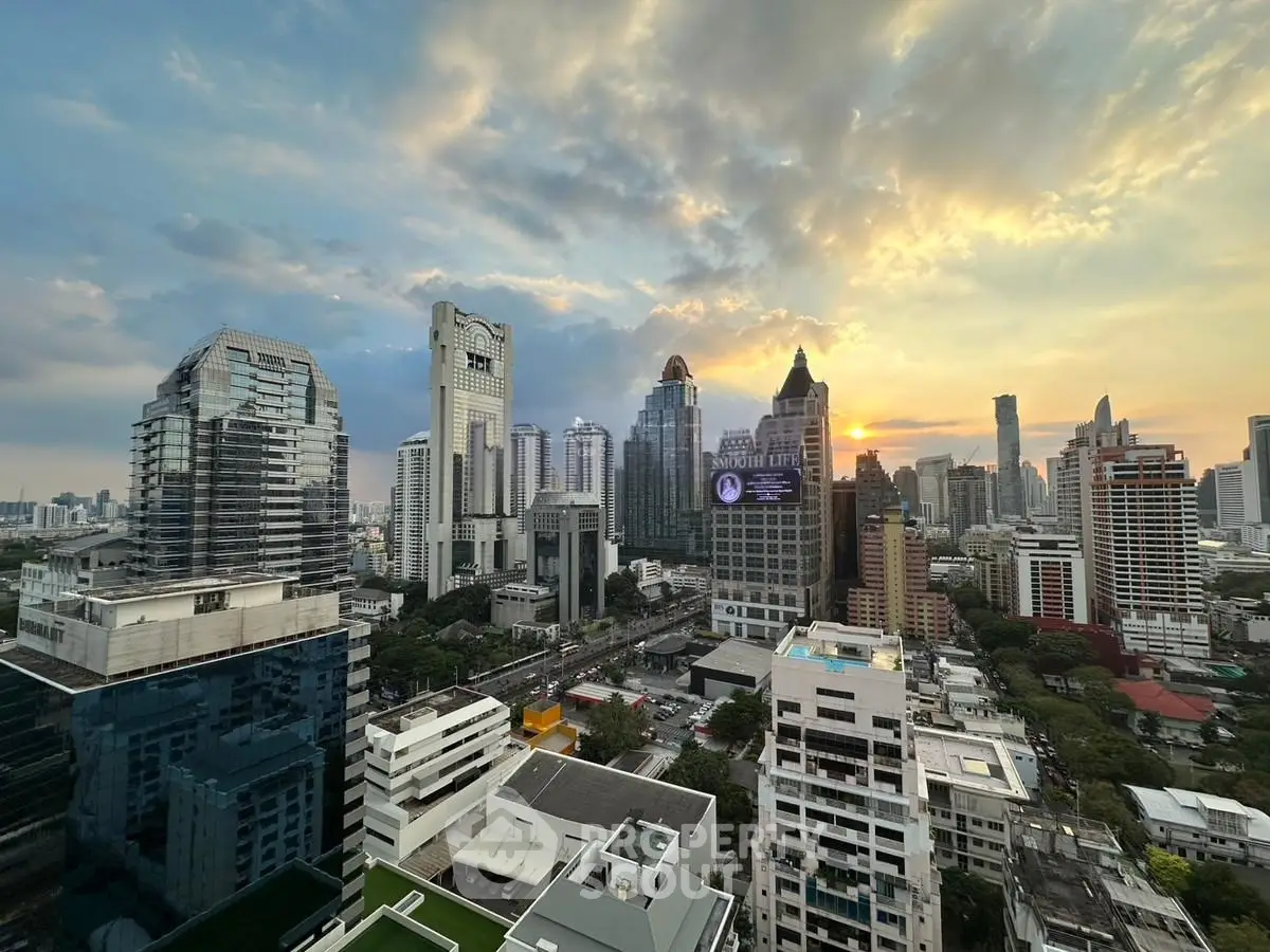 Stunning cityscape view of modern skyscrapers at sunset, perfect for urban living enthusiasts.