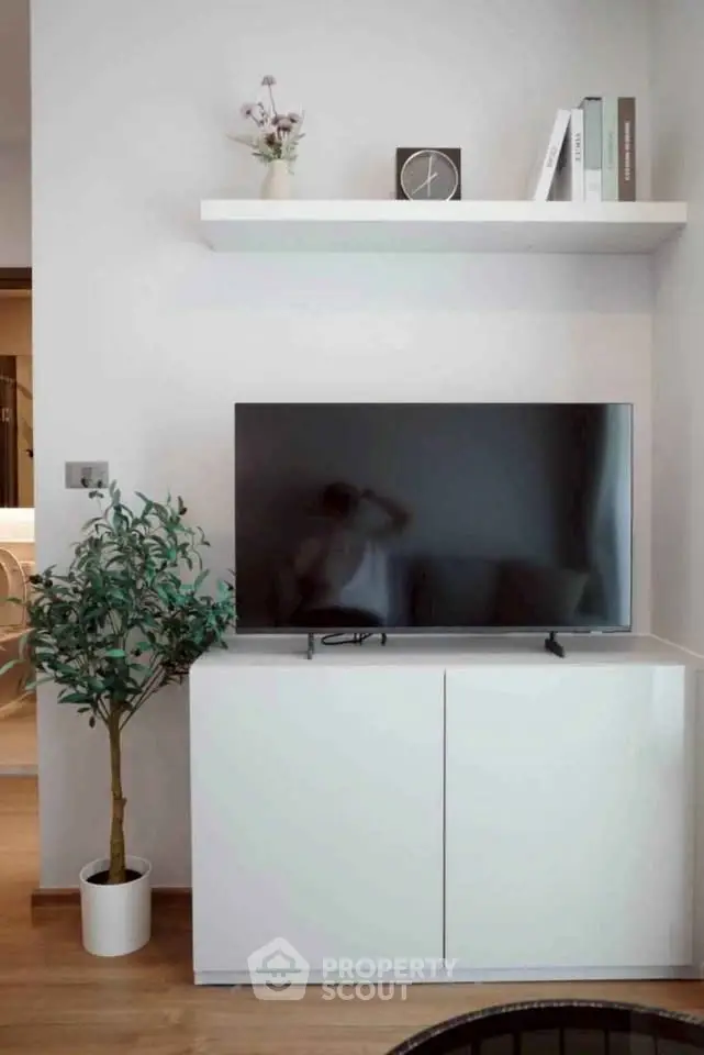 Modern living room with sleek TV stand, potted plant, and minimalist decor.