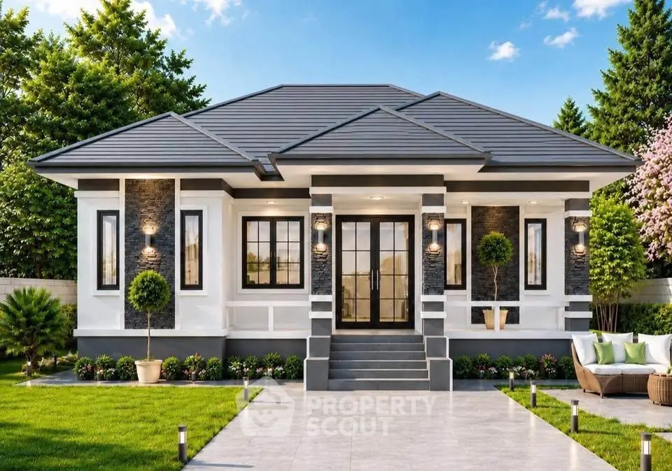 Charming modern bungalow with sleek design and lush landscaping, perfect for serene living.