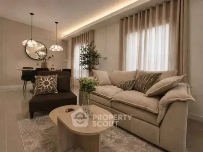 Elegant living room with cozy beige sofa, stylish decor, and ambient lighting for a warm atmosphere.