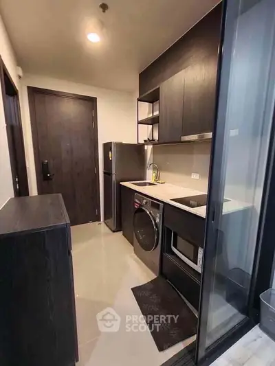 Modern kitchen with sleek cabinetry, built-in appliances, and stylish design in a compact space.
